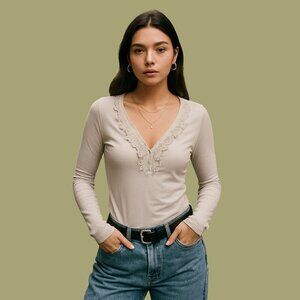 Marvin Richards New York Taupe Ruffle Trim Long Sleeve Top – Size M